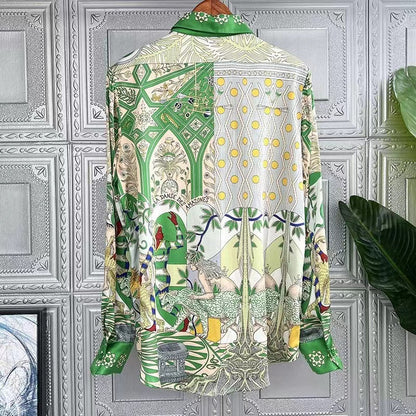 Elegant Printed Silk Lapel Long Sleeve Blouse Top
