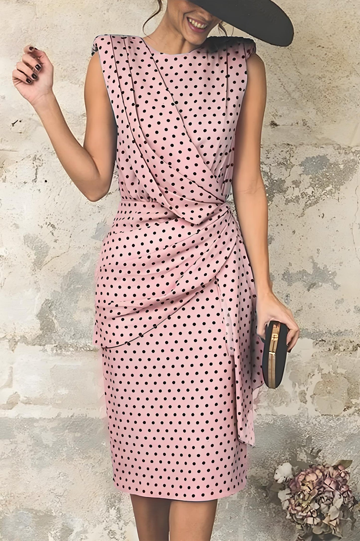 Women's Polka Dot Printed Patchwork O Neck Pencil Skirt Dress Dress