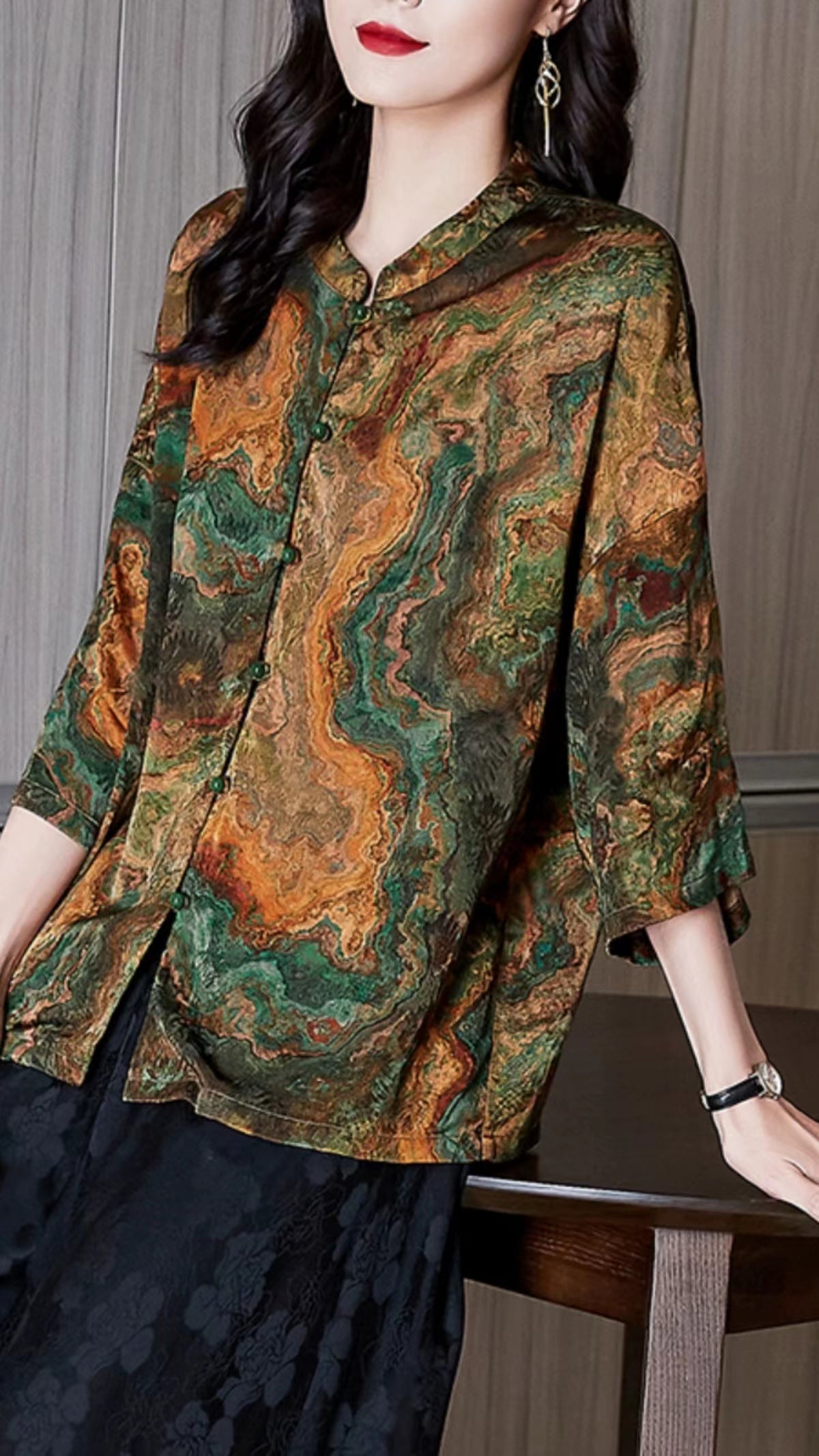 Collar Button Printed Silk Shirt Top