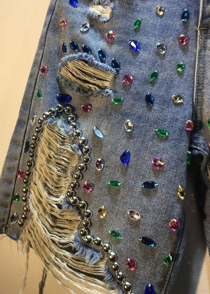 Organic cotton denim blue beaded patchwork high waisted ripped shorts jeans