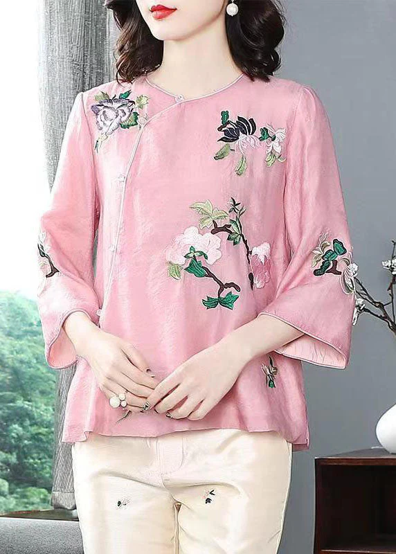 Chinese Pink Embroidered Patchwork Silk Top