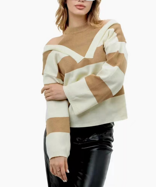 Neckless Shoulder Clashing Stripe Knit Sweater