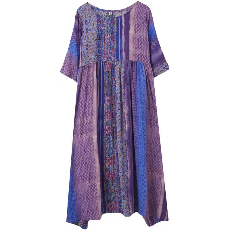 Loose Round Neck Printed Short Sleeve Long Dresses