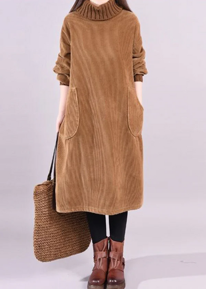 Women's Plus Size Patchwork Thick Corduroy Dress High Neck Long Sleeve