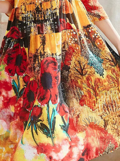 French Round Neck Printed Silk Short Sleeve Hem Dress