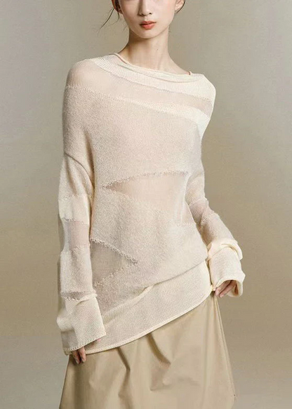 Casual Turtleneck Tulle Patchwork Thin Knit Top