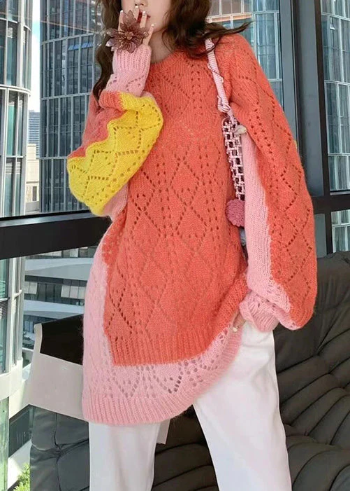 Casual colorblocked O-neck cut-out quilted cotton sweater