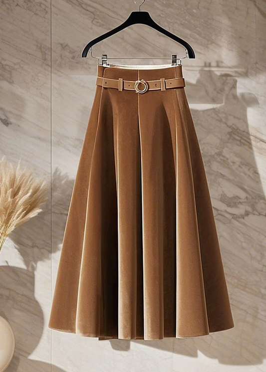 Women's French Coffee High Waist Trimmed Velvet Long Skirt