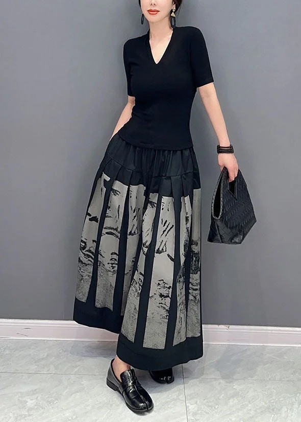 Style Black Elastic Waist Pocket Printed Cotton Wide Leg Pants Spring