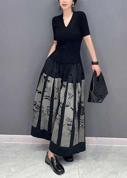 Style Black Elastic Waist Pocket Printed Cotton Wide Leg Pants Spring