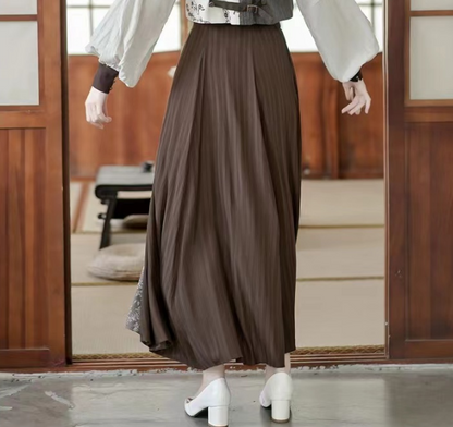 Elegant Printed Spliced Stripe Tie Pleated Skirt