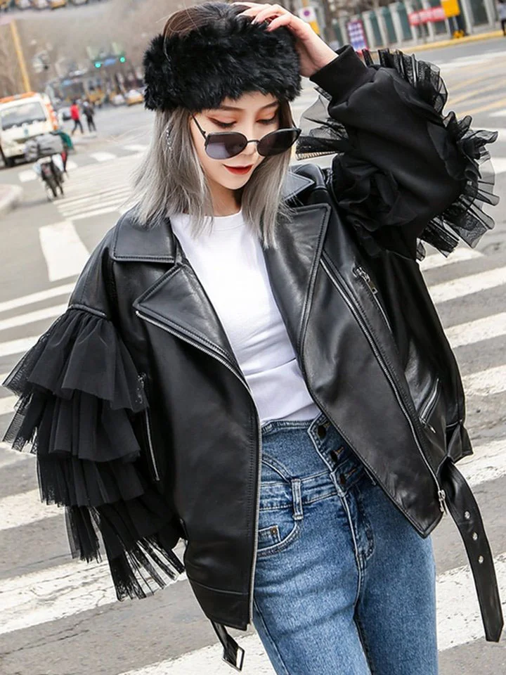 Women's Plus Size Black Lapel Patchwork Patchwork Multi-Layer Tulle Zipper Leather Jacket