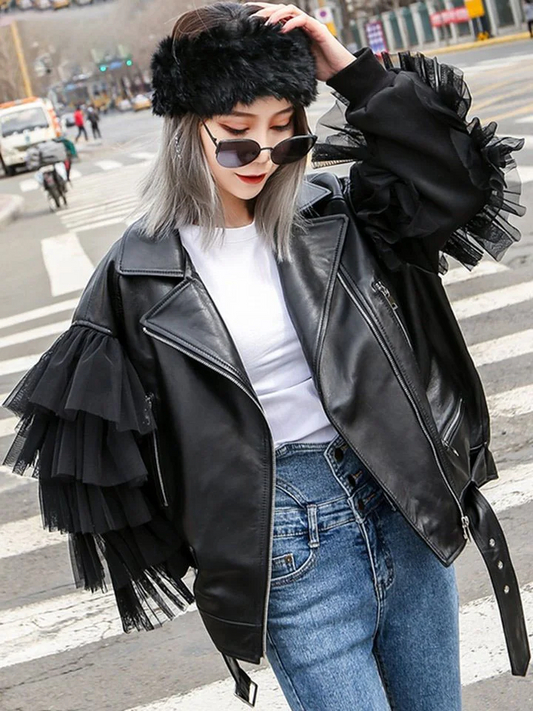 Women's Plus Size Black Lapel Patchwork Patchwork Multi-Layer Tulle Zipper Leather Jacket