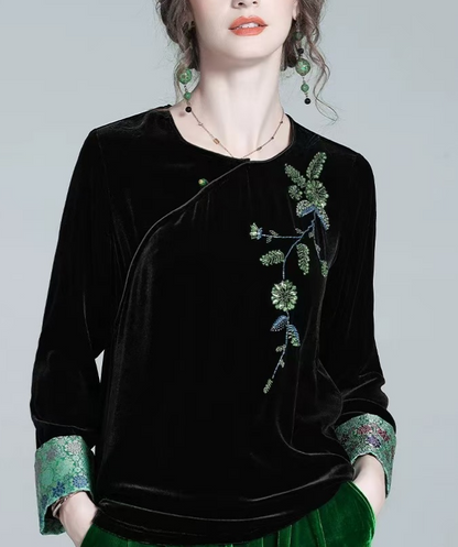 Women's Loose Asymmetric Velvet Patchwork Long Sleeve Top