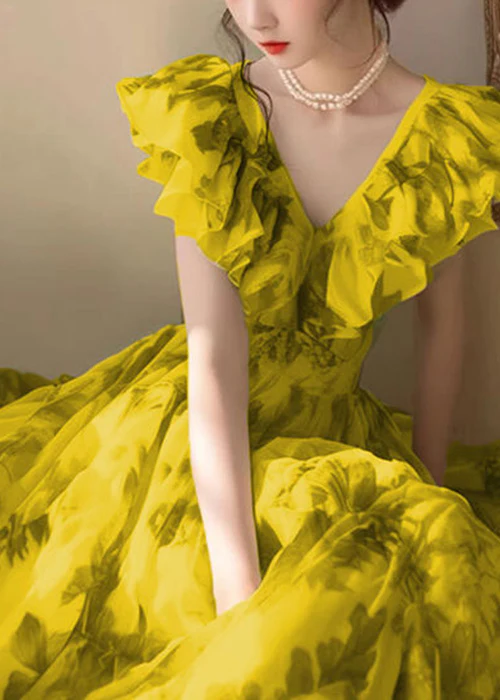 Women's Italian Yellow V-Neck Printed High Waist Sleeveless Dress Spring Summer