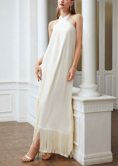 Women's Beige Fringed Strapless Sleeveless Dress Cocktail Dresses