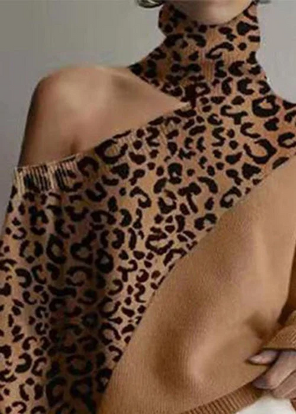 Women's Leopard Print High Neck Off Shoulder Cozy Knit Sweater Fall