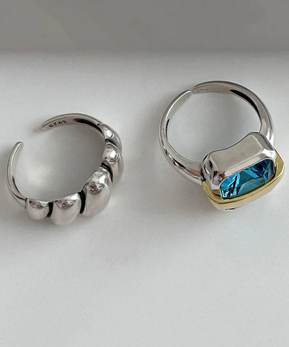 Women's Matching Sterling Silver Square Gemstone and Crinkle Two-Piece Ring Set