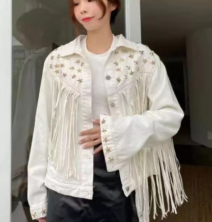 Stylish Pentagram Willow Tassel Trimmed Denim Jacket