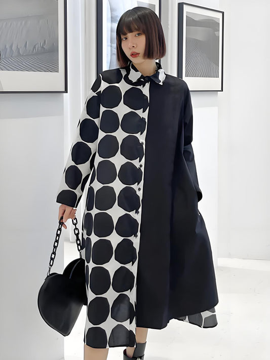 Irregular Polka Dot Splicing Button Lapel Long Sleeve Dress Spring