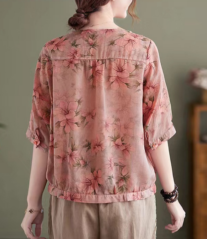 Elegant V-Neck Printed Cotton Short Sleeve Shirt Top
