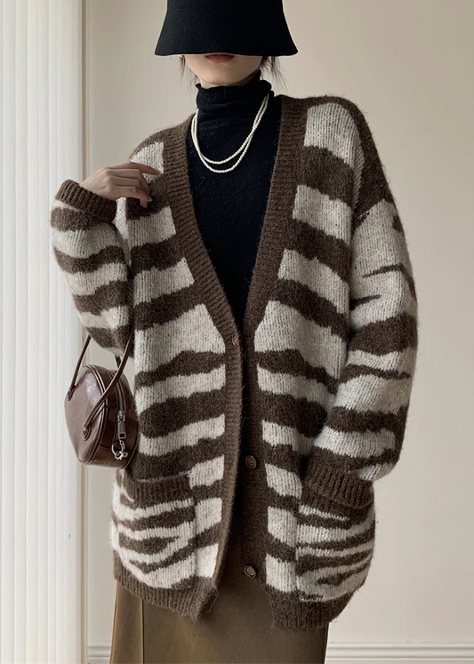 French Stripe V-Neck Pocket Knit Cardigan