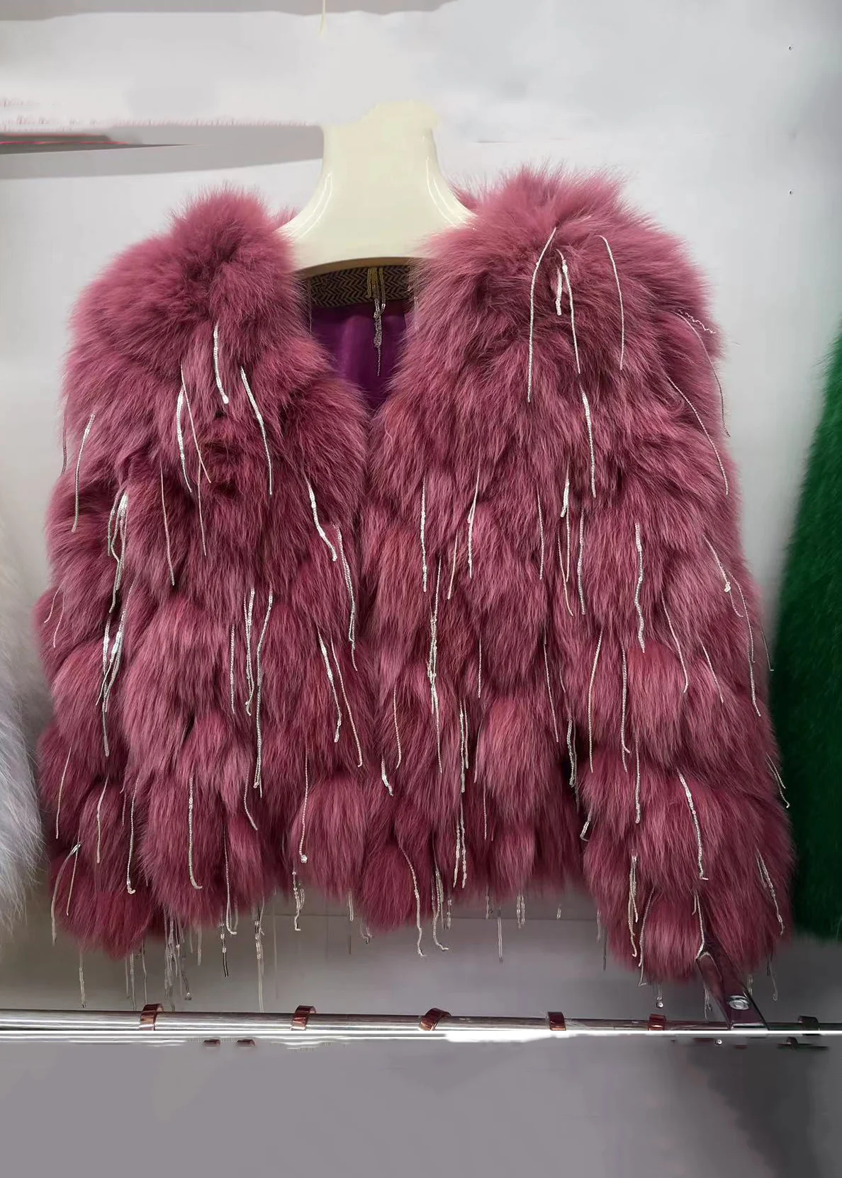 Women's Green Original Design Leather Fur Coat Spring