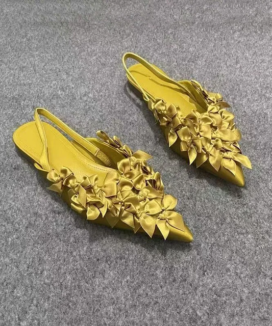 Women's Party Yellow Bow Pointed Toe Flat Sandals