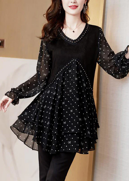 Polka dot black v-neck patchwork layered design chiffon long sleeve top