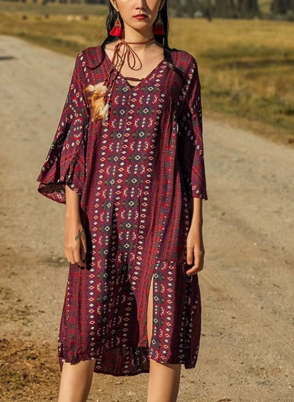 Bohemian V-Neck Printed Beach Short Sleeve Dress