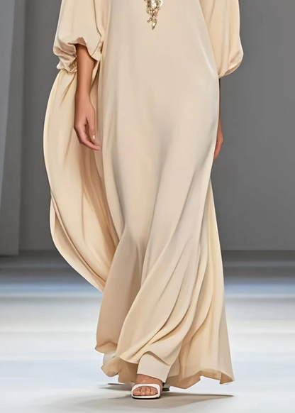 Women's Beach Party Apricot Oversized Draped Chiffon Dress Lantern Sleeve