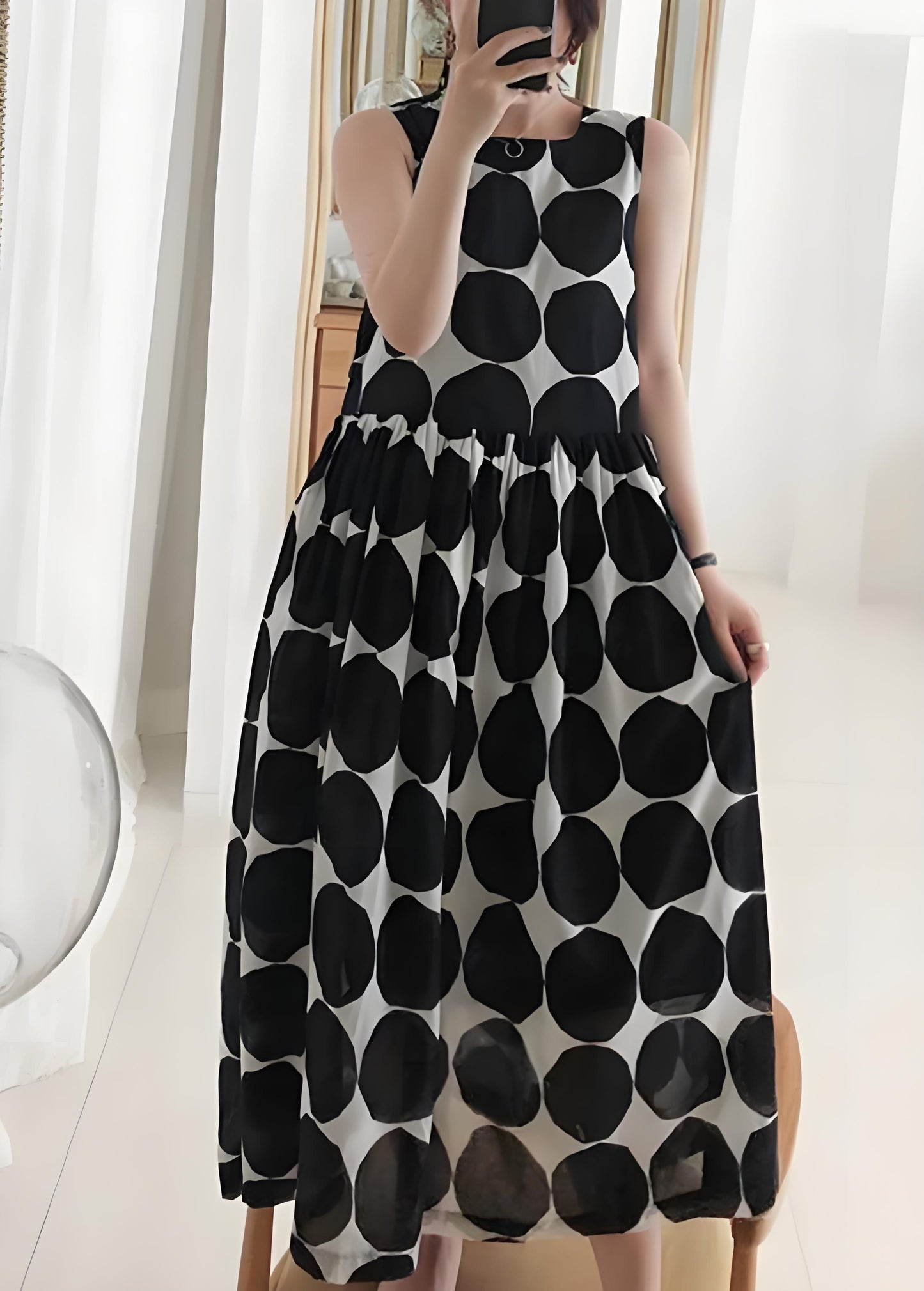 Women's Big Size Black Square Neck Dot Chiffon Long Dress Summer