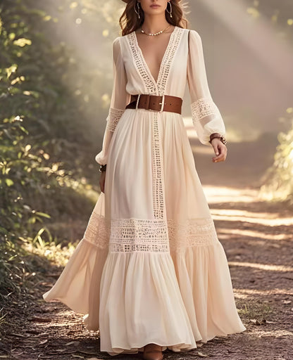 Women's Beach Bohemian White Hollow Out Patchwork Cotton Dresses