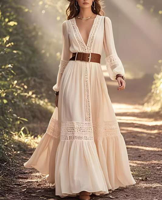 Women's Beach Bohemian White Hollow Out Patchwork Cotton Dresses