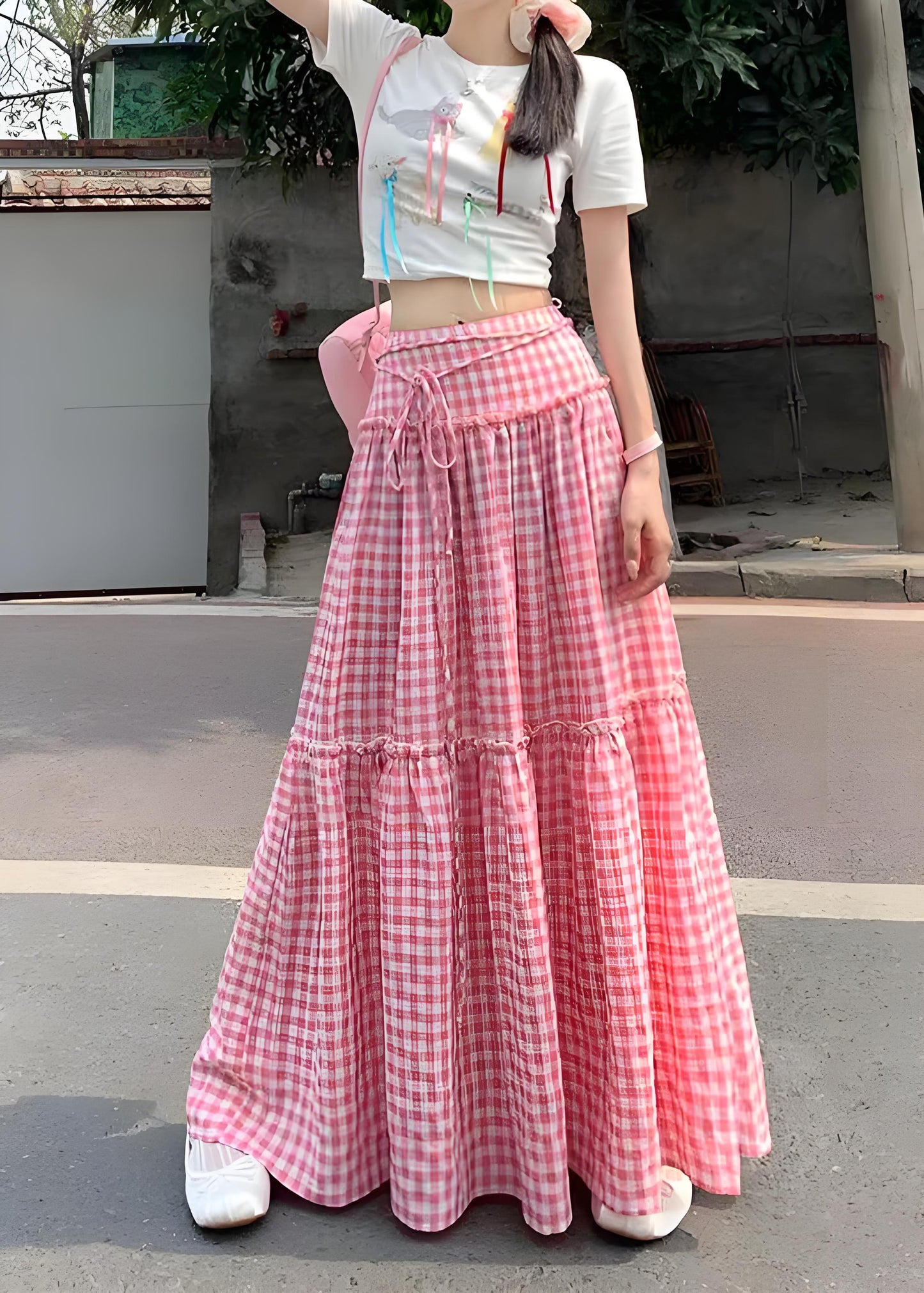 Women's Big Size Pink Ruffle Plaid Patchwork Cotton Half-body Skirt Summer