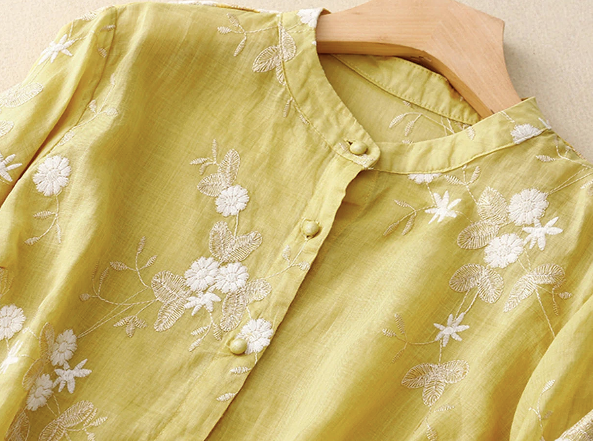 Elegant Embroidered Button Patchwork Cotton Cardigan Shirt Top