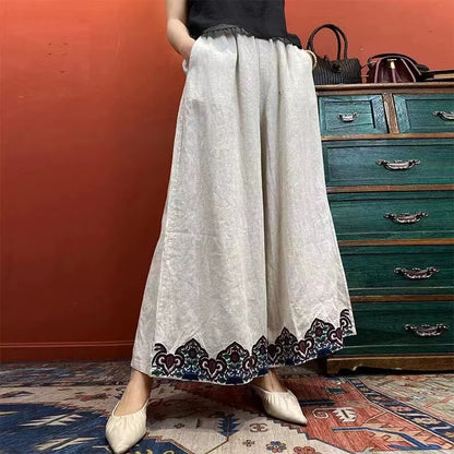 Geometric Embroidered Cotton Linen Wide Leg Pants