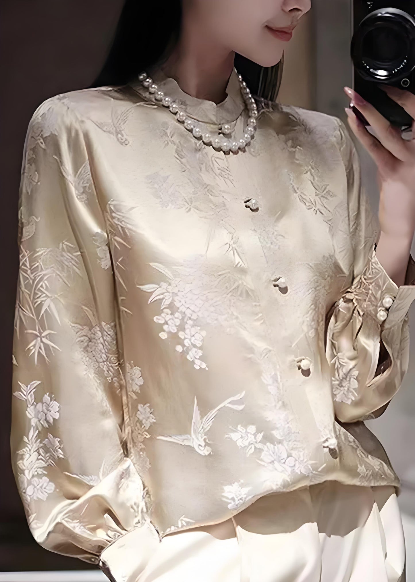 China Champagne Standing Collar Silk Shirt Spring