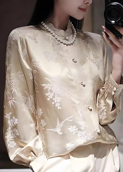 China Champagne Standing Collar Silk Shirt Spring