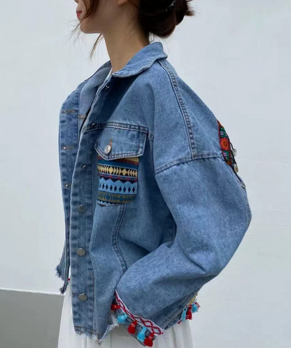 Loose Floral Embroidery Beaded Fringe Denim Jacket