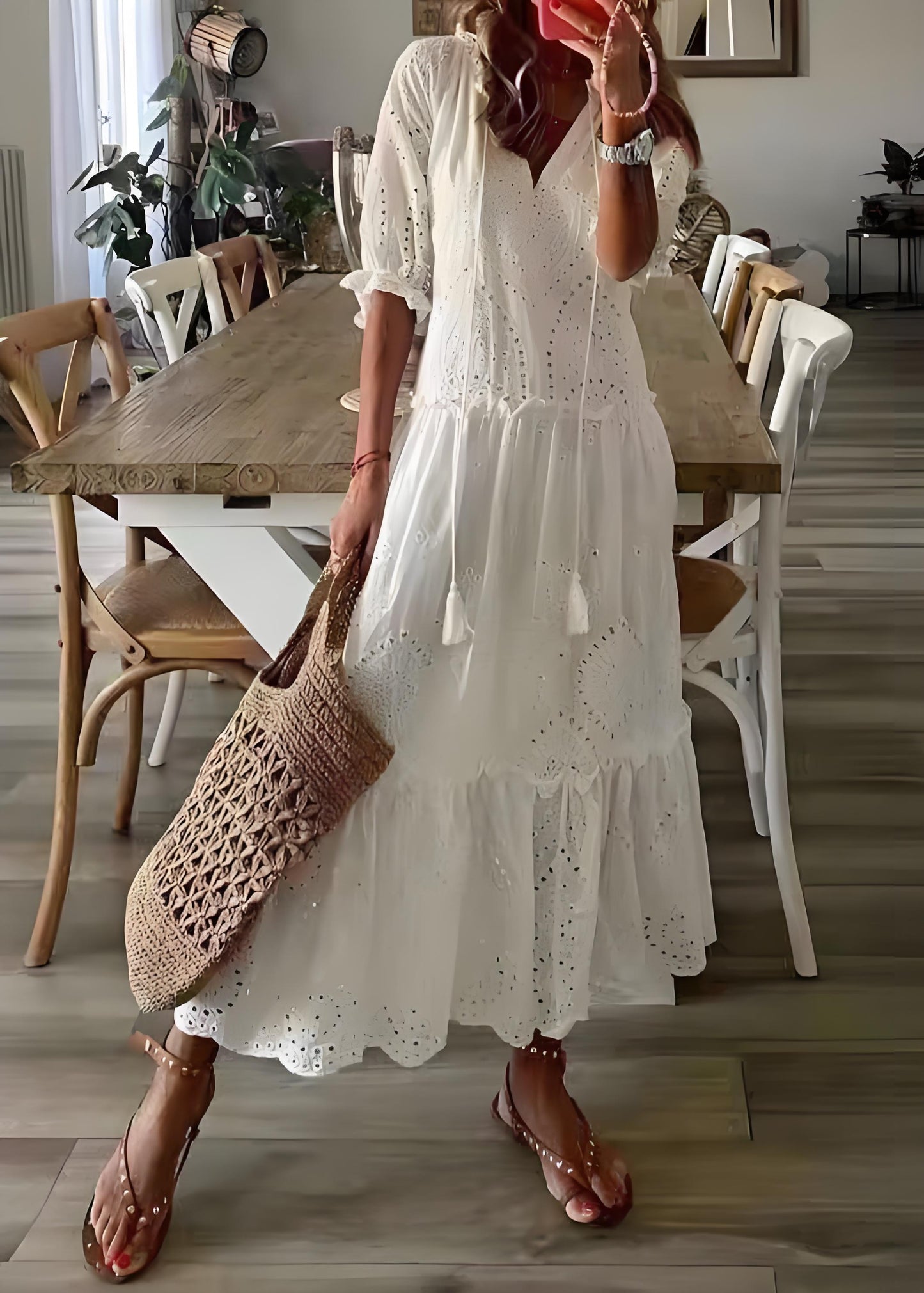 Women's Italian White Ruffle Cutout Cotton Party Holiday Dress Summer