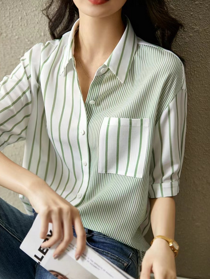 Casual striped patchwork low rise design cotton shirt