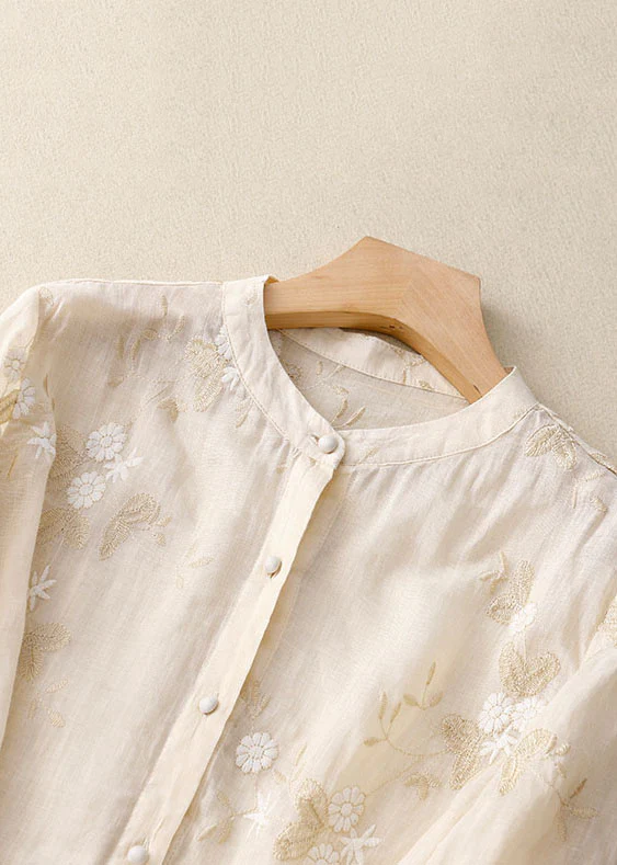 Elegant Embroidered Button Patchwork Cotton Cardigan Shirt Top