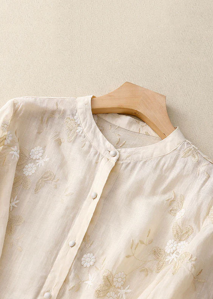 Elegant Embroidered Button Patchwork Cotton Cardigan Shirt Top