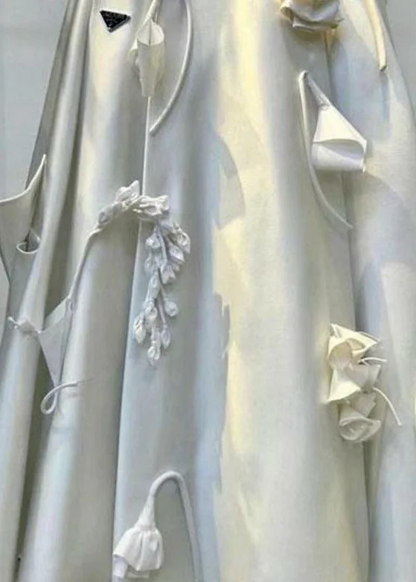 Women's Party Holiday Beach White Crinkle Flower Embellished Silk Halter Dress