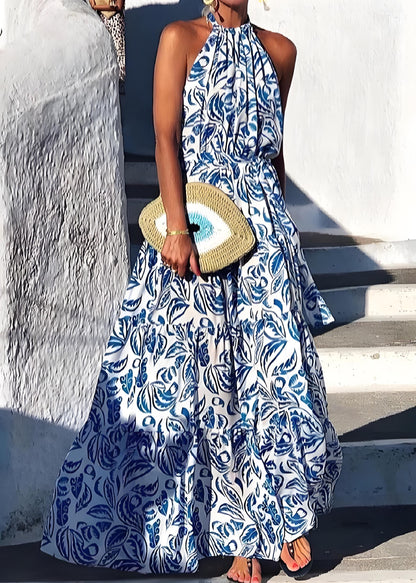 Women's Italian Green Printed Cotton Holiday Beach Halter Dress Summer