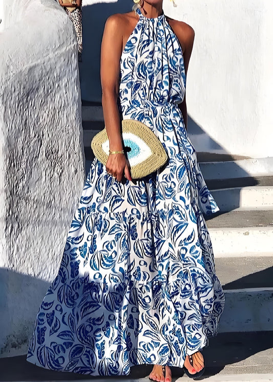 Women's Italian Green Printed Cotton Holiday Beach Halter Dress Summer