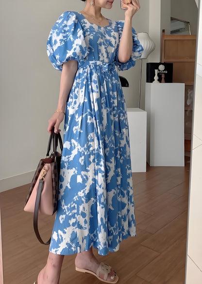 Women's Italian Blue Tie Waist Cotton Long Dress Square Neck Bubble Sleeve Spring
