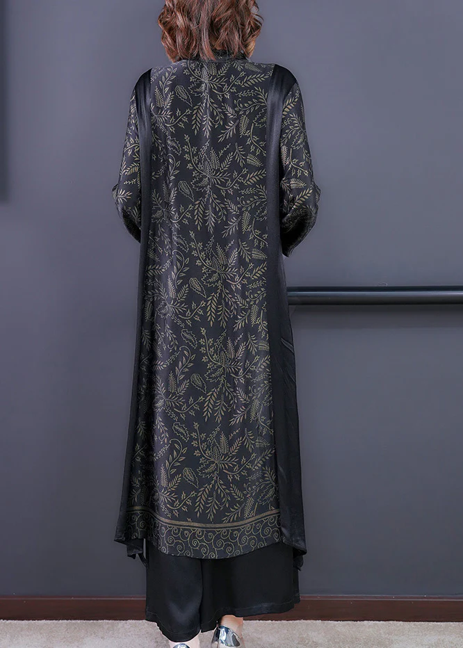 Elegant Black Printed Button Silk Long Shirt Wide Leg Pants Two Piece Set Long Sleeve