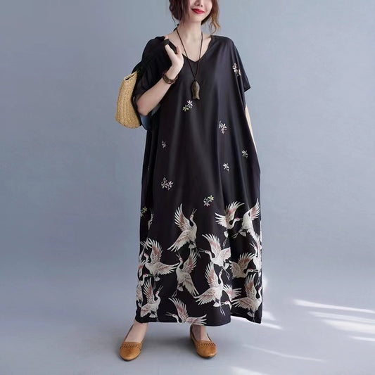 V-Neck Pocket Printed Short Sleeve Long Dress
